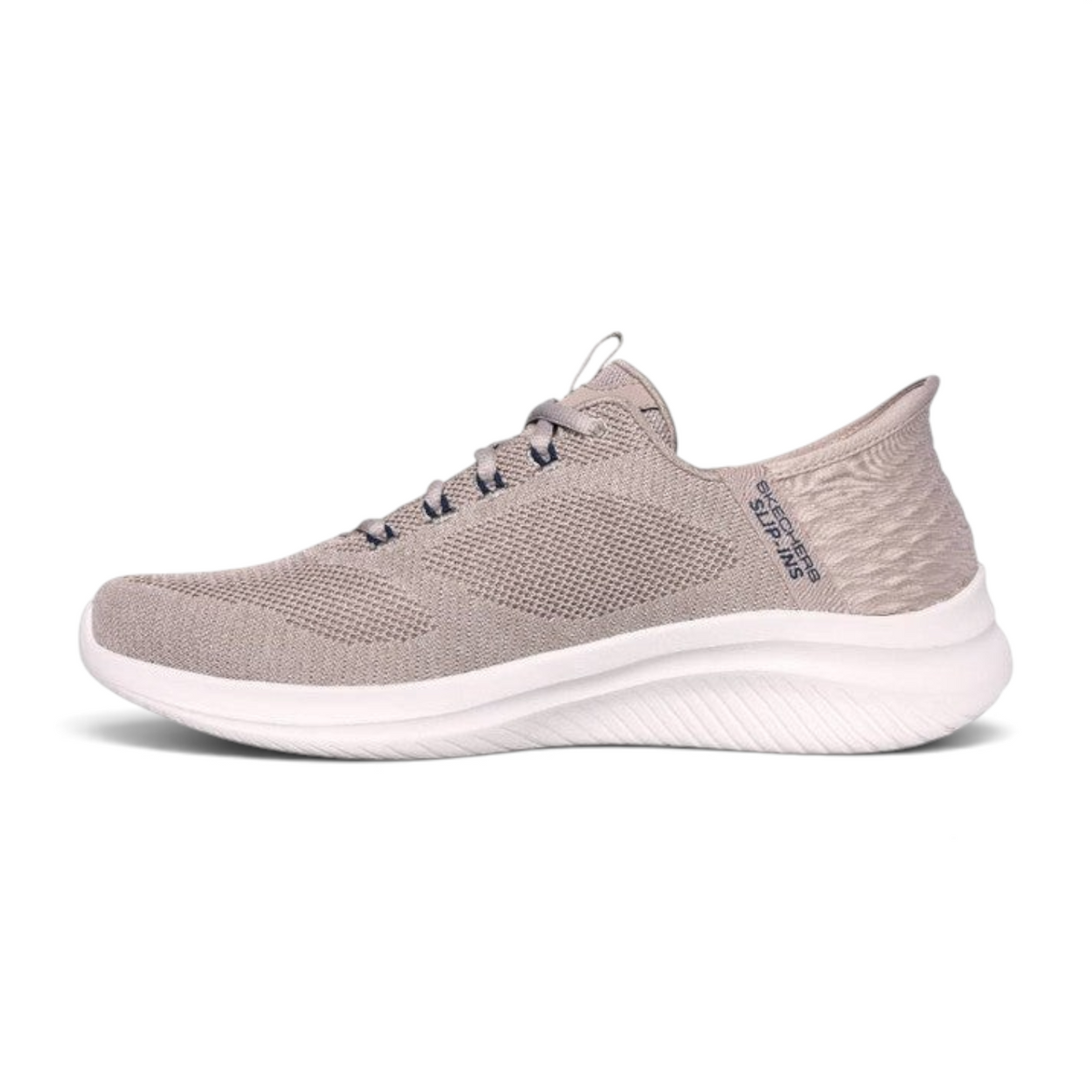 FRG Skechers Slip-Ins Ultra Flex 3.0 taupe vegan knit sneaker with cushioned memory foam and pop-up heel panel