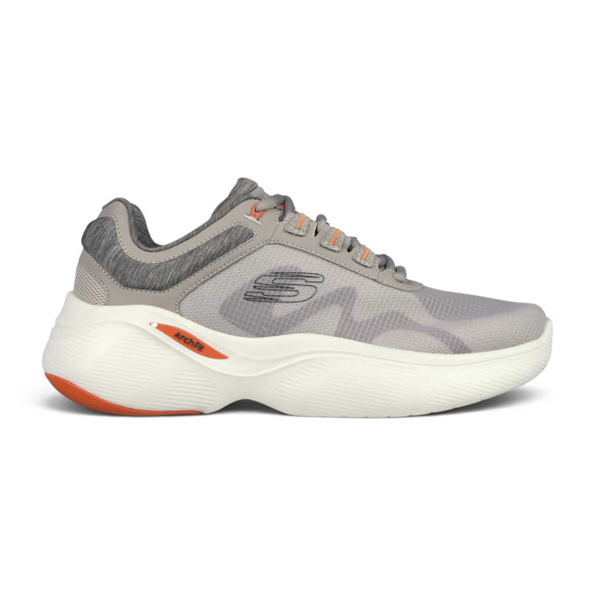 FRG ARCH FIT INFINITY grey athletic sneaker with thick white cushioned sole and orange accents