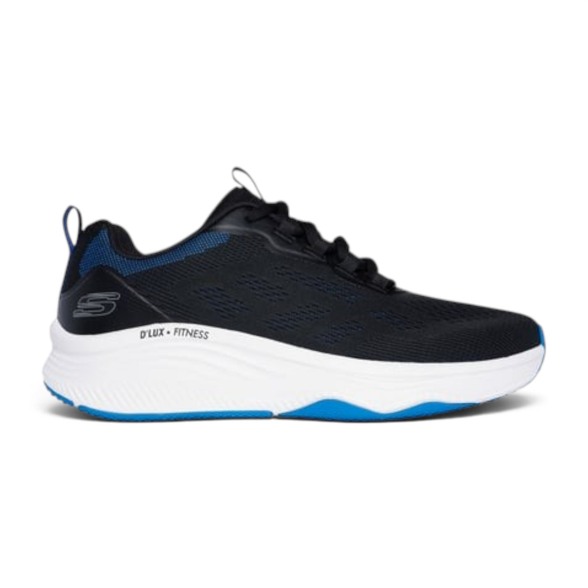 FRG D'LUX FITNESS athletic sneaker in black and blue with a thick white cushioned sole and breathable mesh upper.