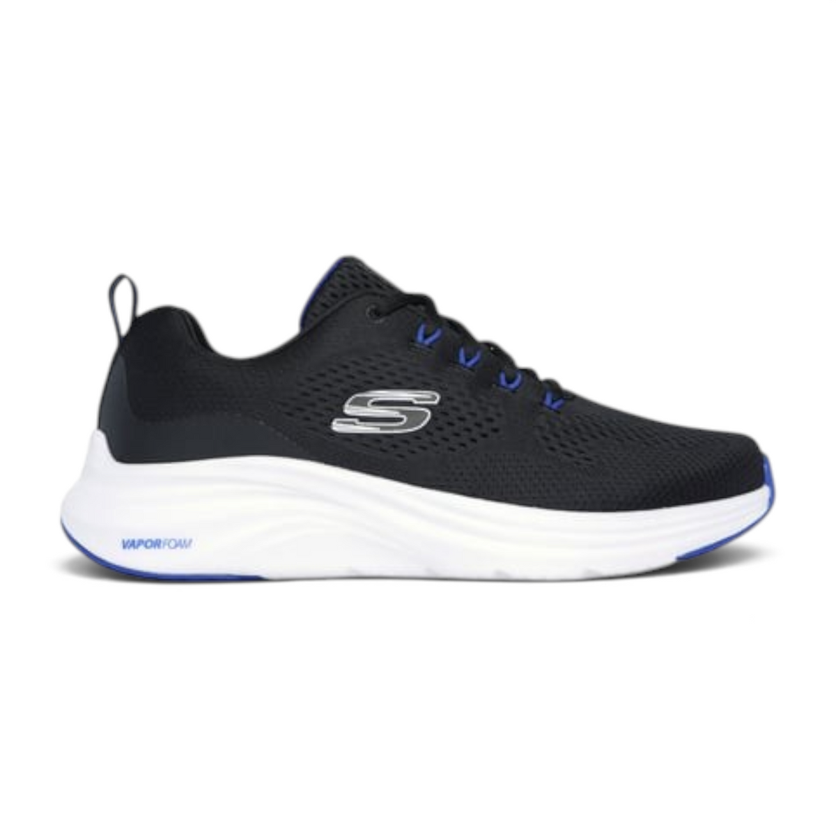 FRG VAPOR LITE black mesh athletic sneakers with white cushioned midsole and blue accents