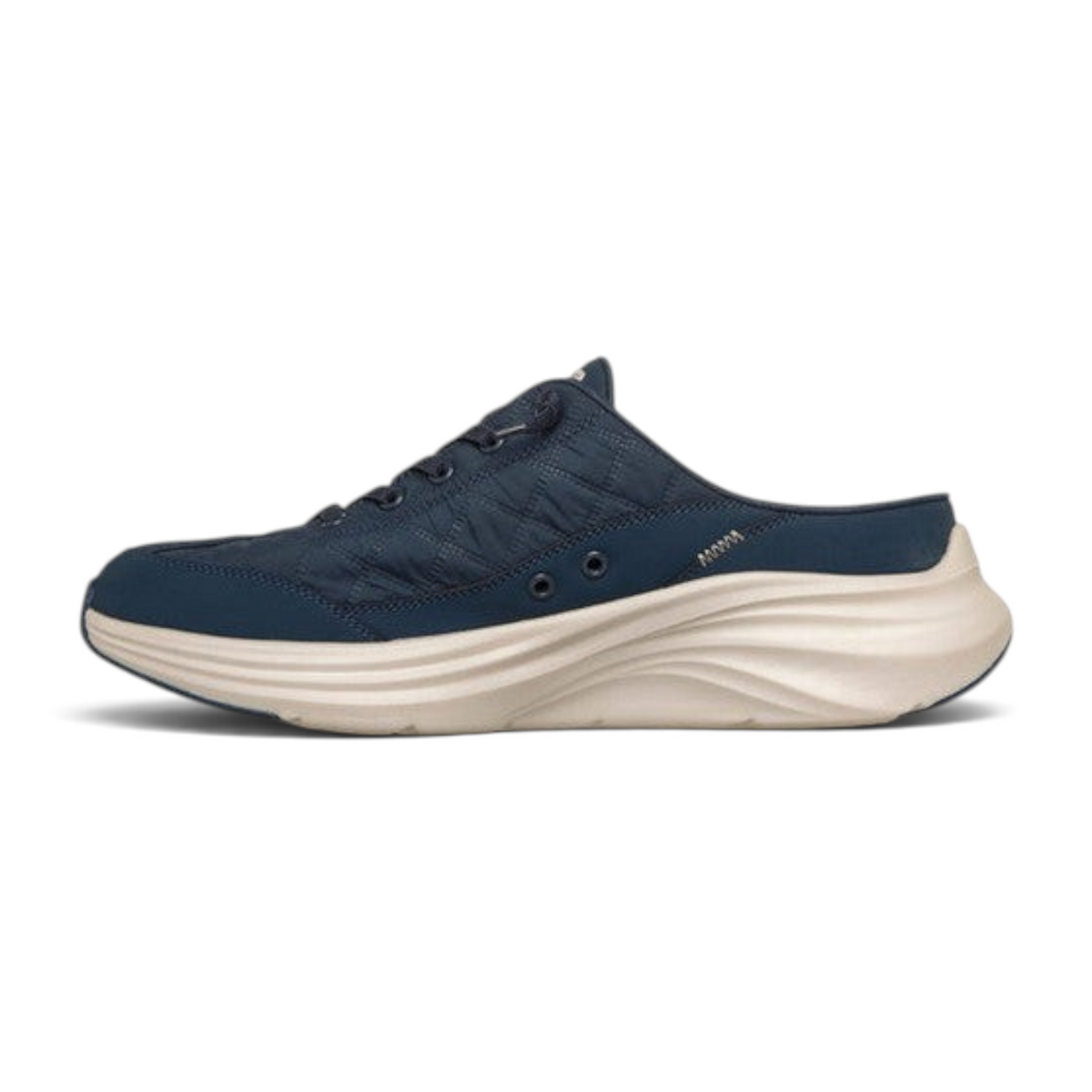 FRG Skechers Contour Foam Cozy Fit Shorva navy mule sneaker with quilted mesh upper and beige cushioned midsole