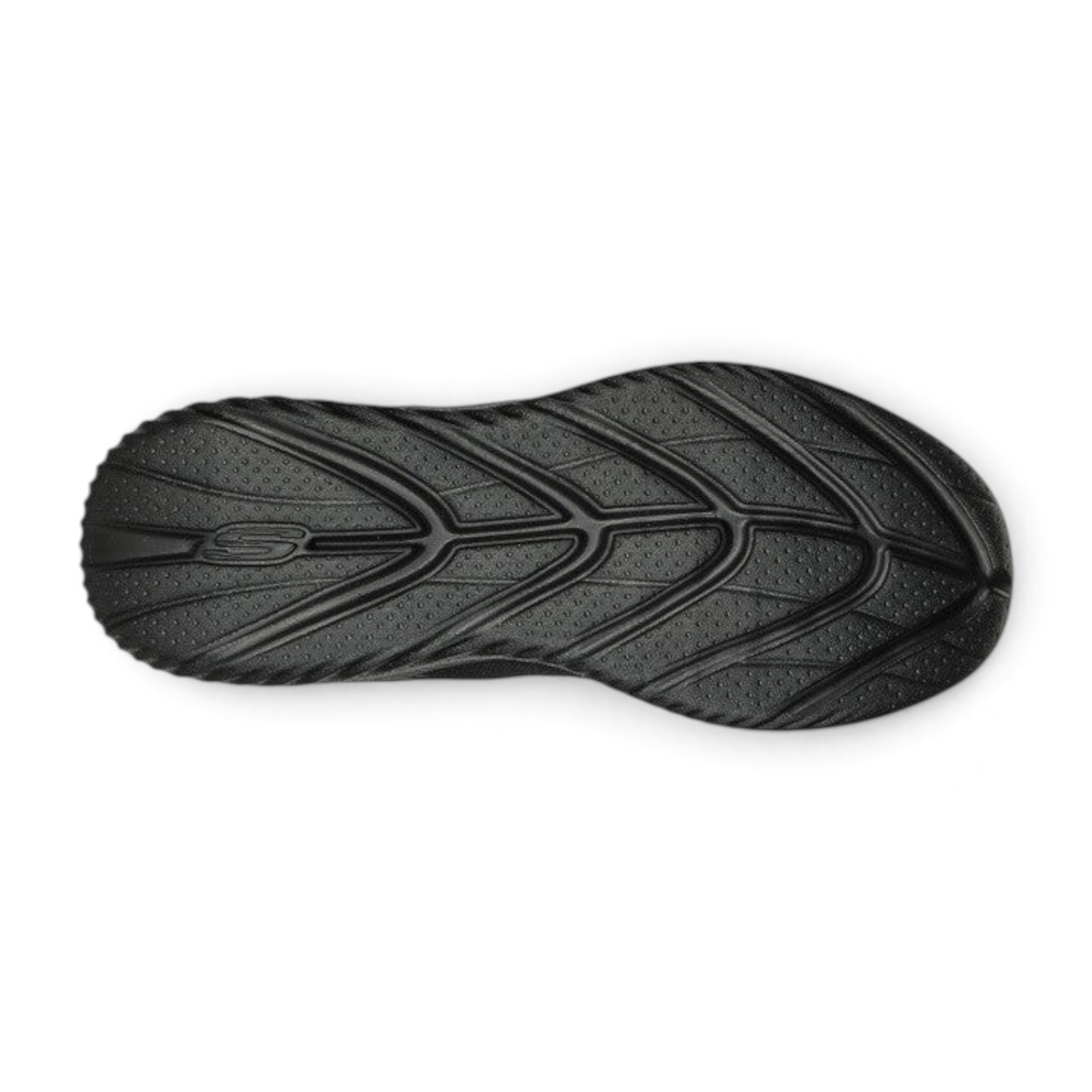 FRG Skechers Bounder 2.0 Anako black athletic sneaker showing the textured, flexible rubber outsole tread pattern.