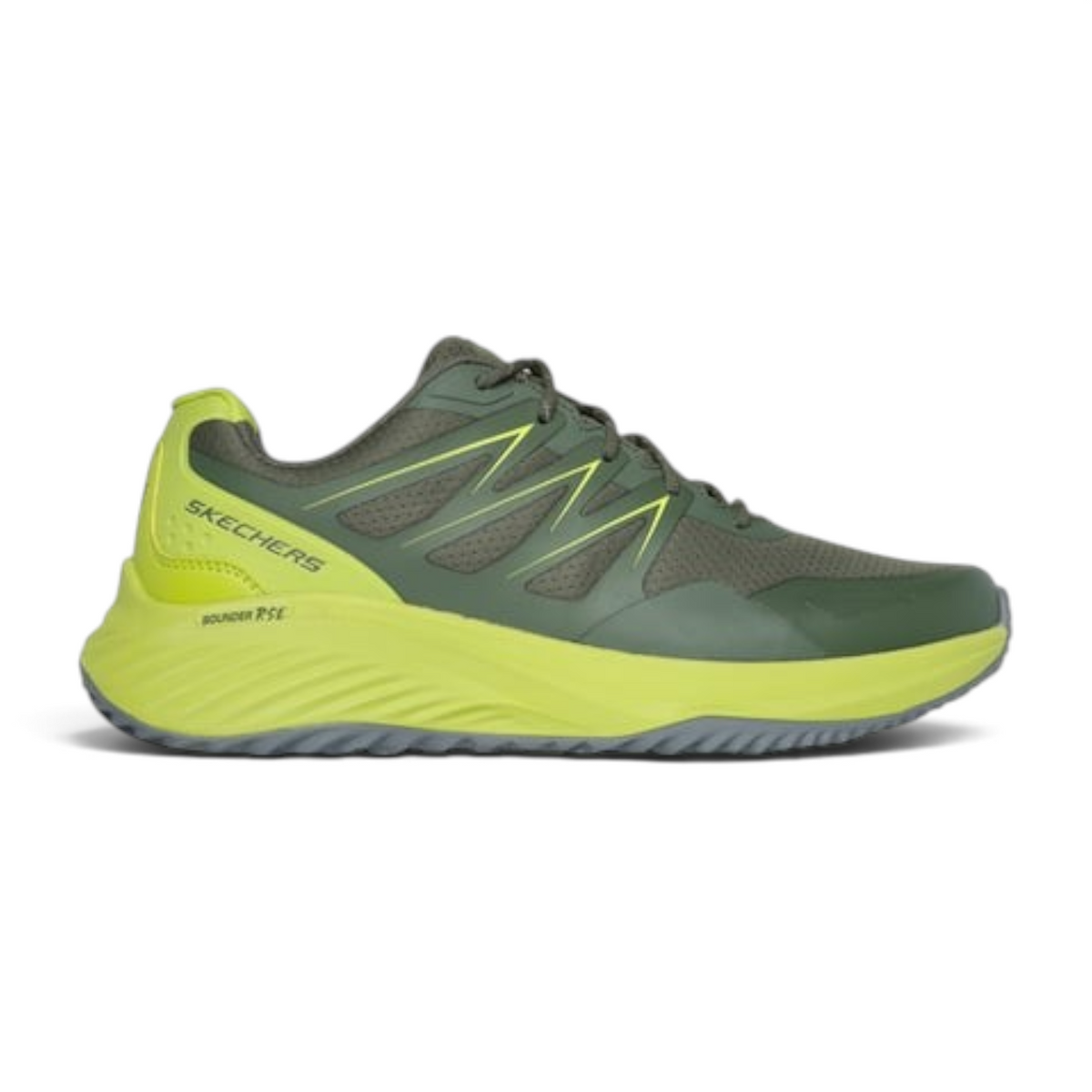 FRG Skechers Bounder RSE Zoner sneakers in olive green and neon yellow with a mesh upper and thick cushioned sole