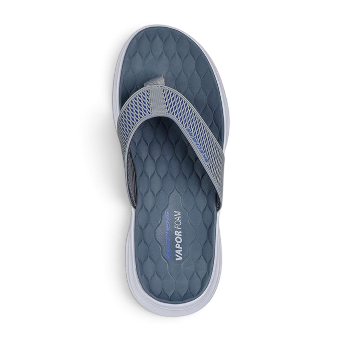 FRG Skechers Vapor Foam thong sandal in gray and blue with a textured contoured footbed for sporty comfort.