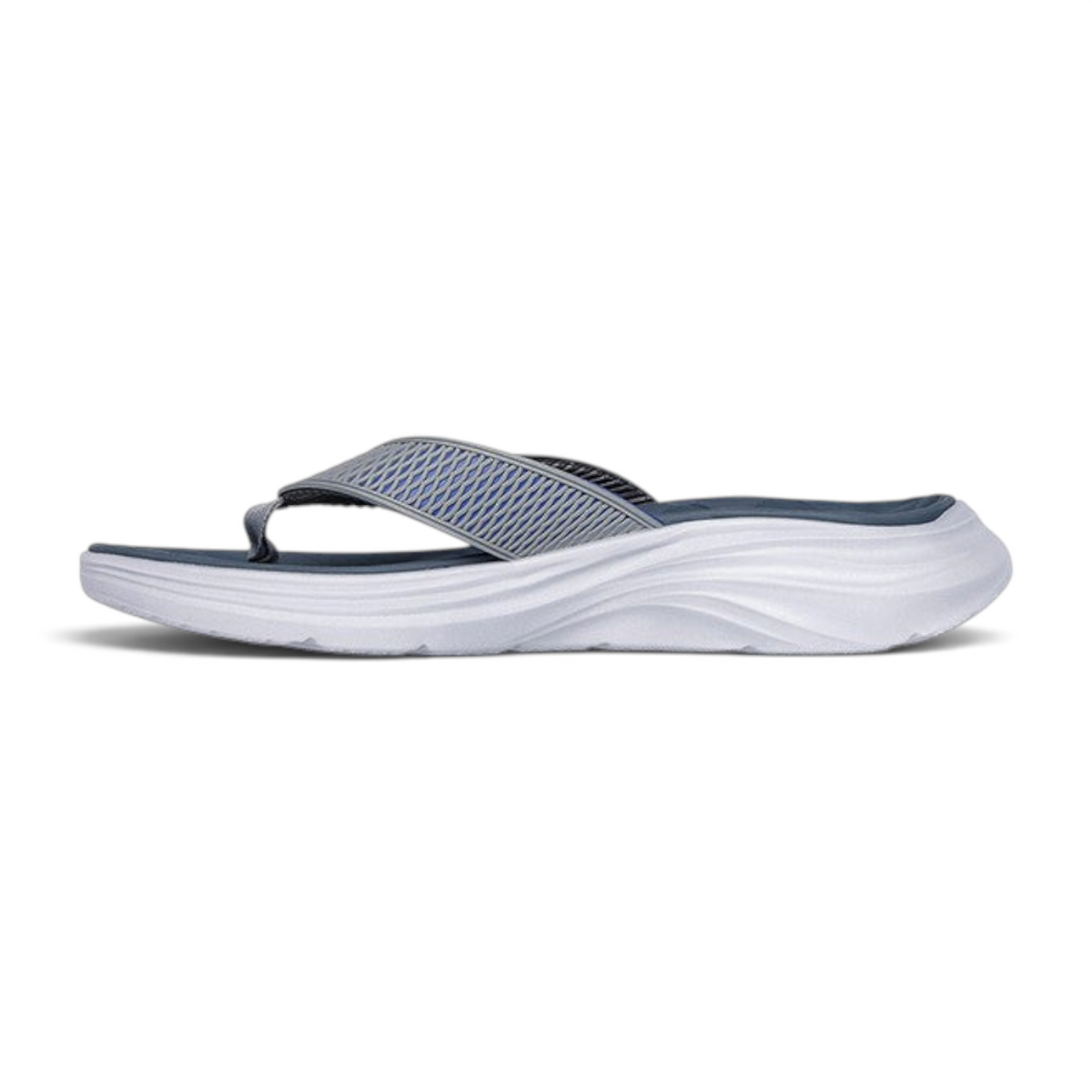 FRG Skechers Vapor Foam Sayto thong sandal in gray and blue with a contoured white sole, side view