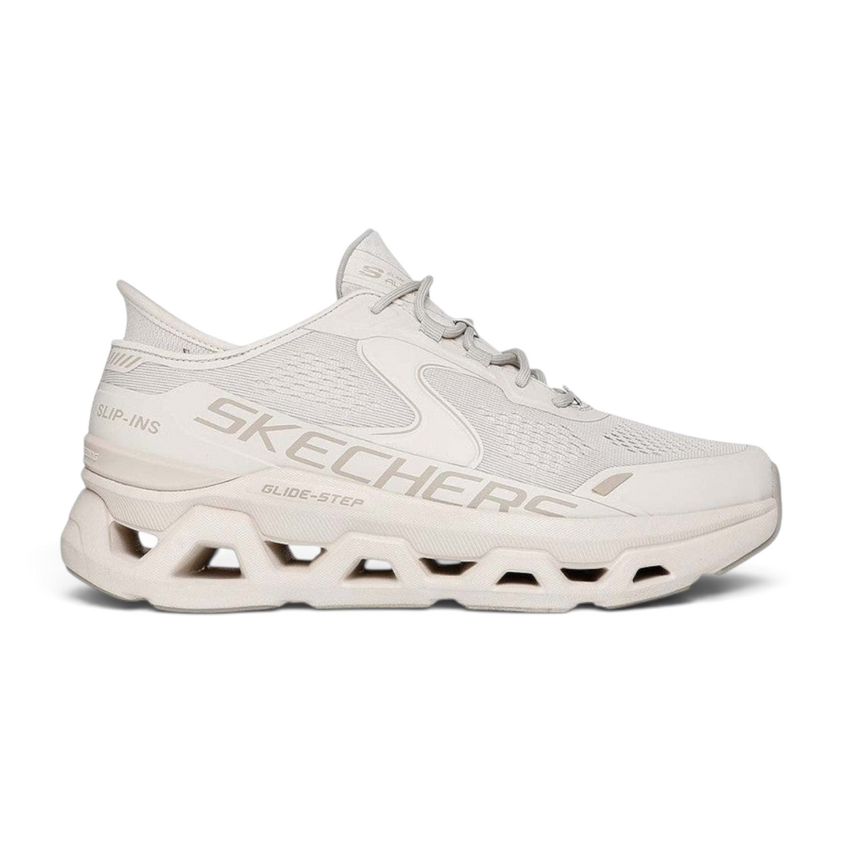 FRG Skechers Glide-Step Altus natural mesh trainer with a geometric cushioned midsole and hands-free slip-in design.