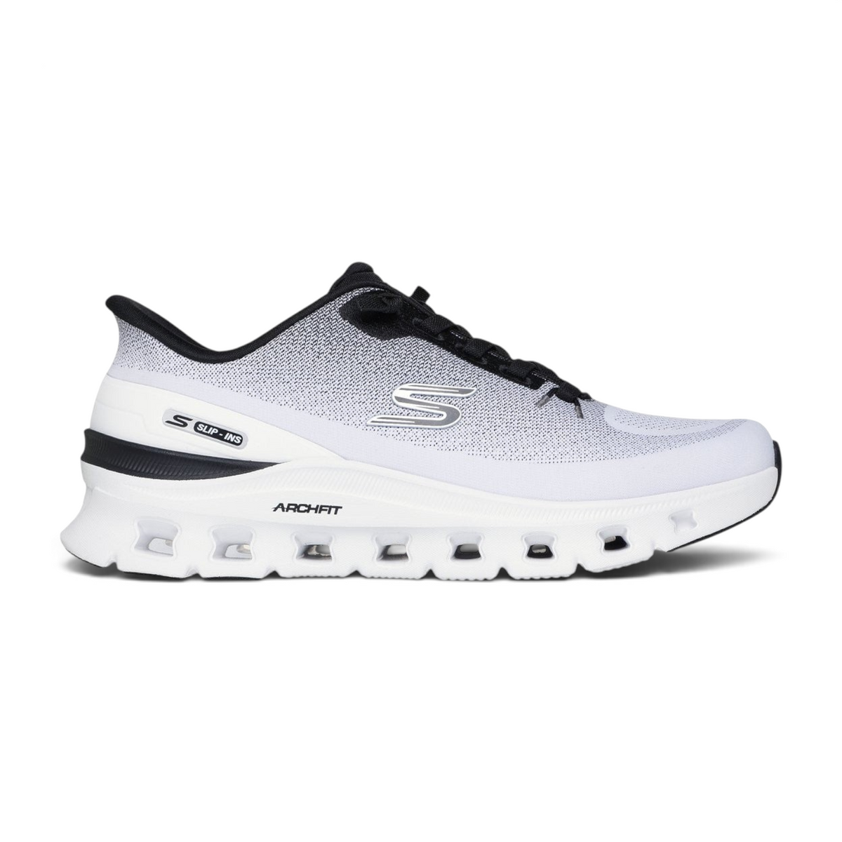 FRG Skechers Arch Fit Glide-Step Pro white and black knit slip-in sneaker with geometric cushioned midsole