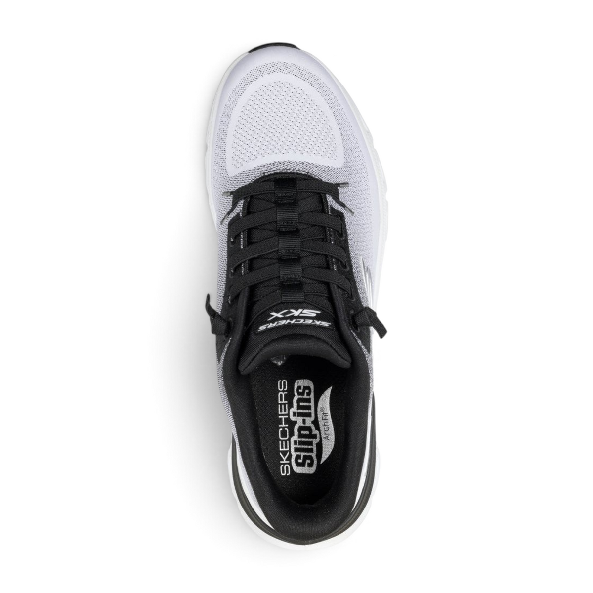 FRG Skechers Arch Fit Glide-Step Pro white and black knit slip-on sneaker with stretch laces and cushioned midsole