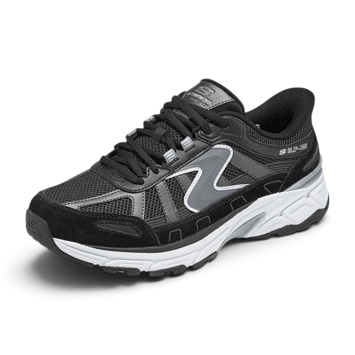 FRG Skechers Stamina Sport Stoaver black sneaker with breathable mesh, synthetic overlays, and cushioned white sole.