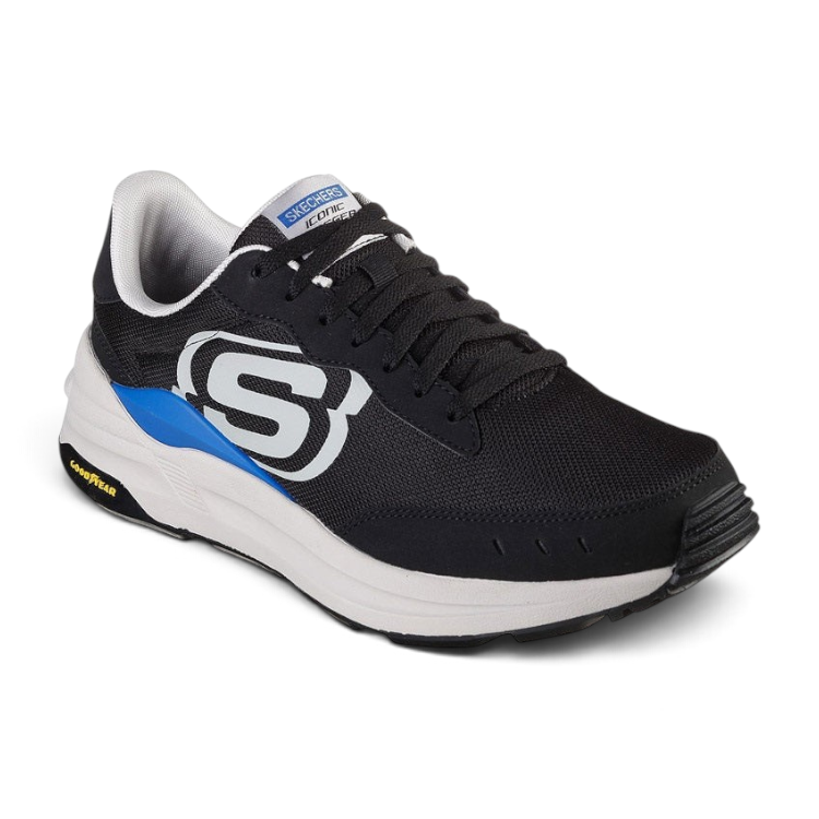 FRG Global Jogger black athletic sneaker with white midsole, blue accents, and Goodyear rubber outsole.