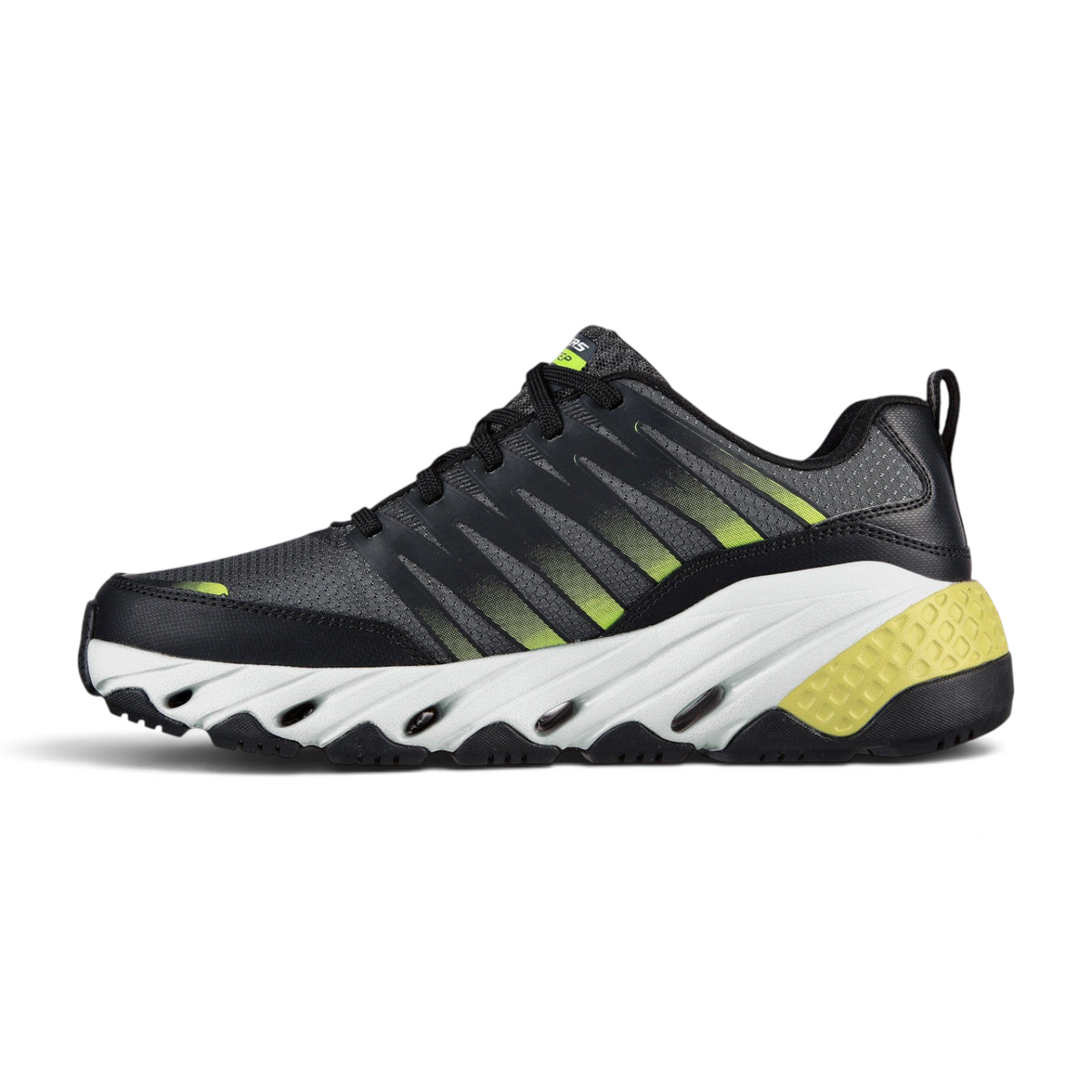 FRG Skechers Glide-Step Trail black lace-up shoe with lime green accents and a thick white cushioned sole