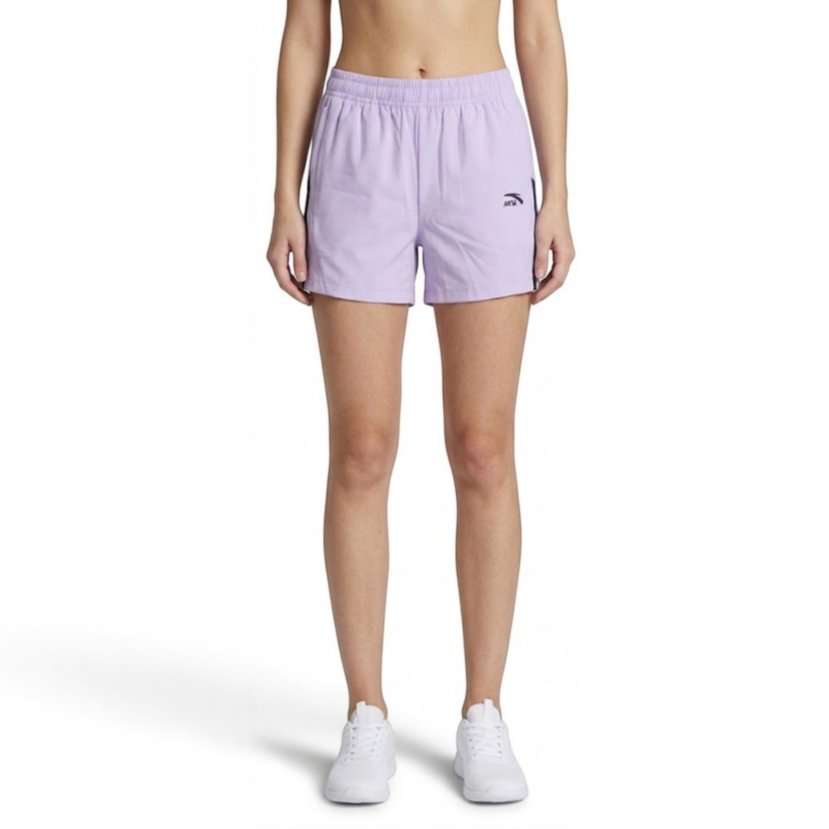 FRG ANTA big kids light purple woven athletic shorts with elastic waistband and logo detail on a model