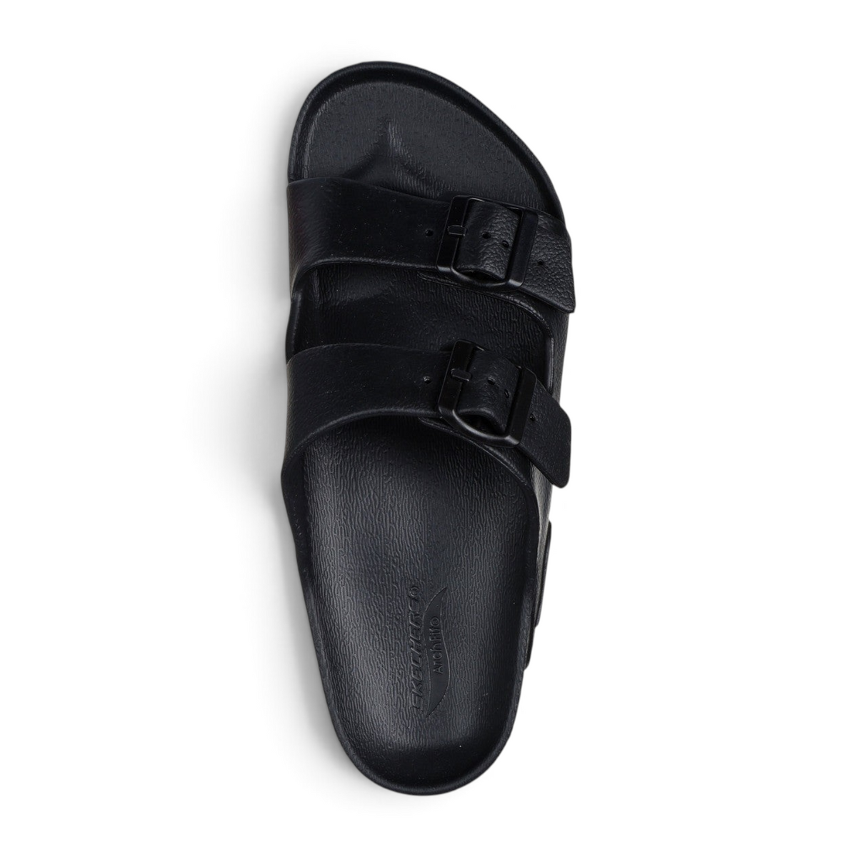 FRG black Skechers Arch Fit double-strap slide sandals with adjustable buckles and contoured footbed