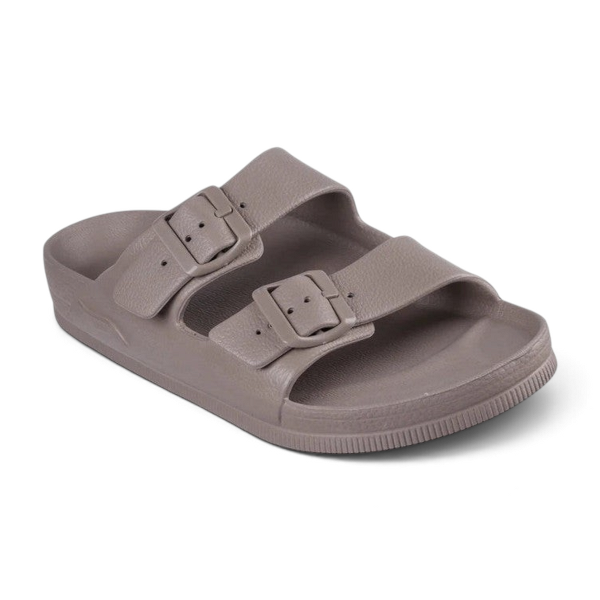 FRG Skechers Foamies Arch Fit Cali Surf slide sandals in taupe with dual adjustable buckles and arch support