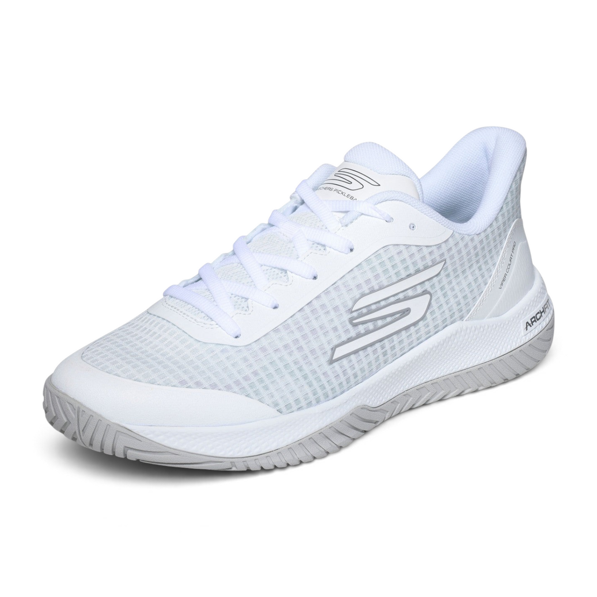 FRG Skechers Viper Court Pro pickleball shoe in white with mesh upper and Goodyear Gold outsole