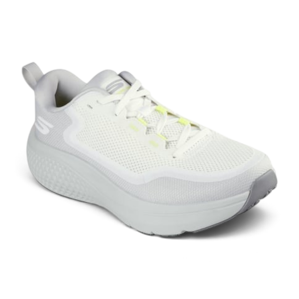 FRG GO RUN SUPERSONIC MAX white mesh running shoe with thick cushioned sole and neon yellow lace details