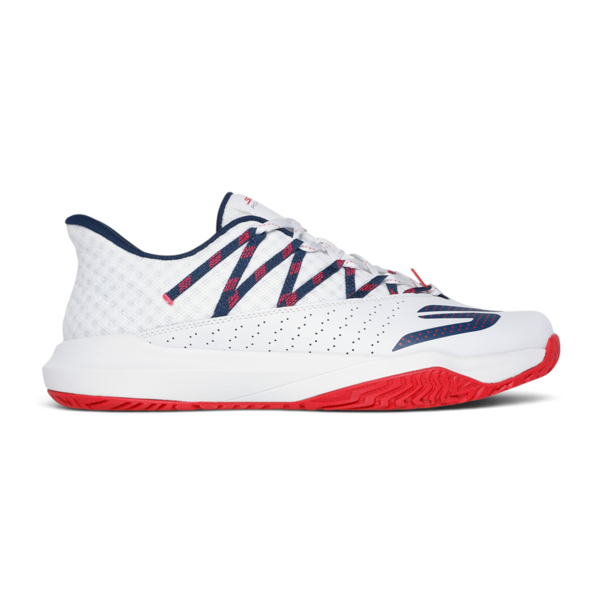 FRG Skechers Viper Court Rally performance shoe in white with red and blue accents and a durable Goodyear outsole.