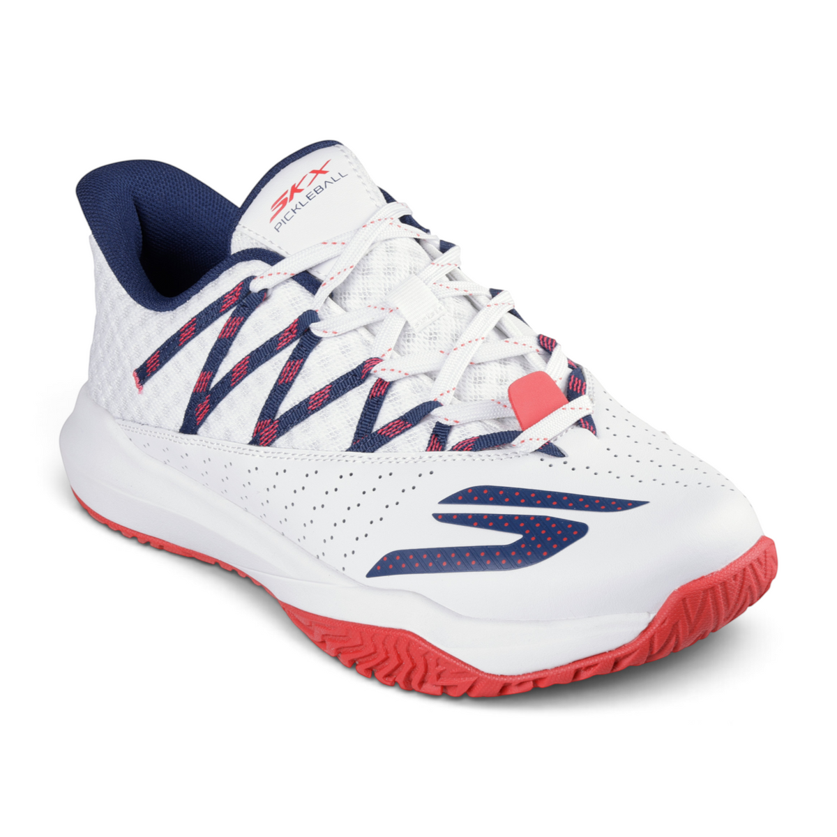 FRG Skechers Viper Court Rally performance pickleball shoe in white with navy and red accents and Goodyear outsole.