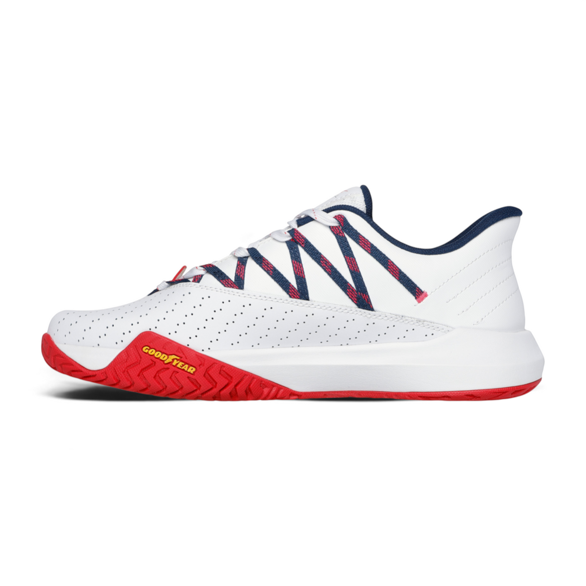 FRG Skechers Viper Court Rally performance shoe in white with red Goodyear outsole and blue webbing detail