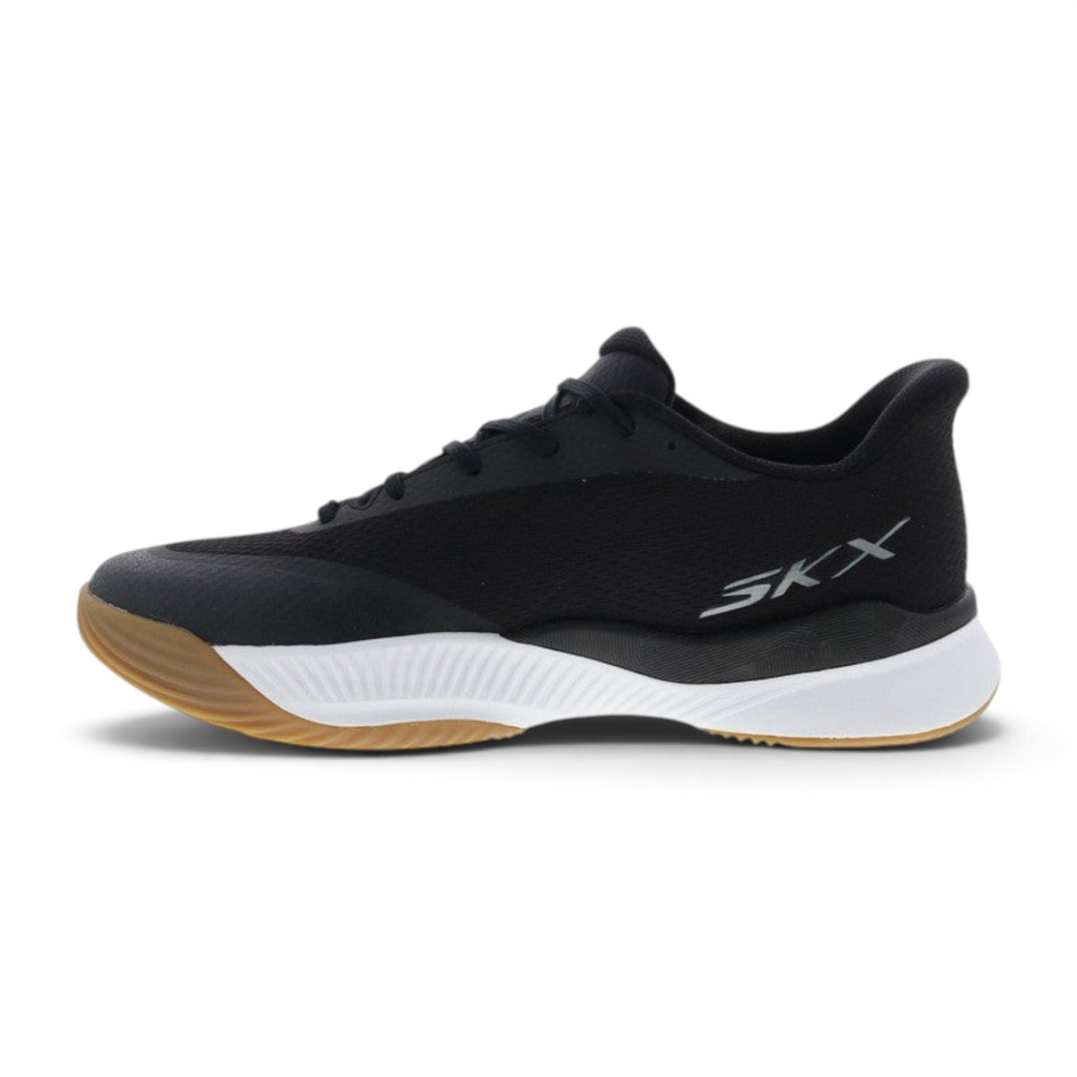 FRG Skechers State Champ tennis shoe in black and white with a gum rubber outsole and side SKX logo