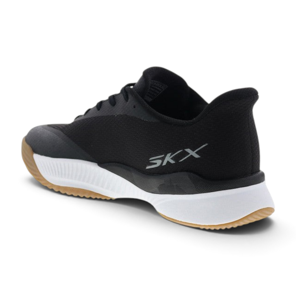 FRG Skechers State Champ black and white tennis shoe with a gum rubber outsole and SKX side branding