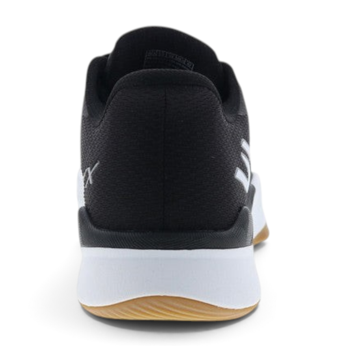 FRG Skechers State Champ black and white tennis shoe, rear view showing slip-on design and gum rubber outsole.