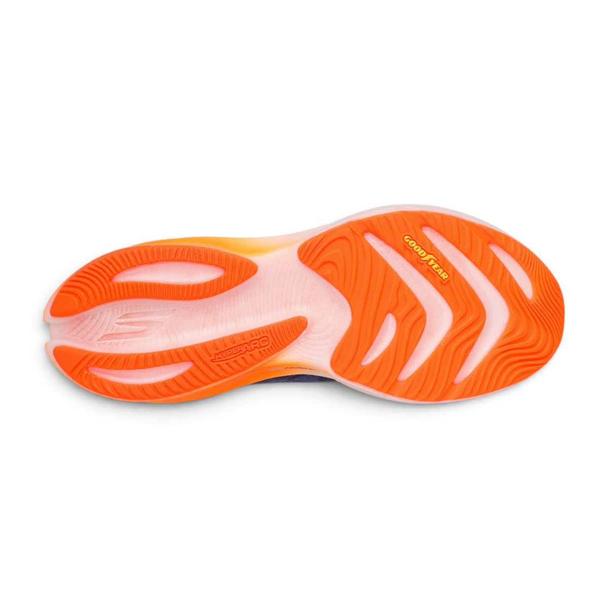 FRG Skechers Aero Spark running shoe showing the bright orange Goodyear Performance Outsole with Hyper Arc technology