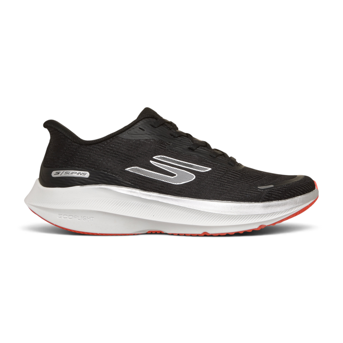 FRG Skechers Go Run Pure 5 black performance running shoe with white cushioned midsole and red outsole detail