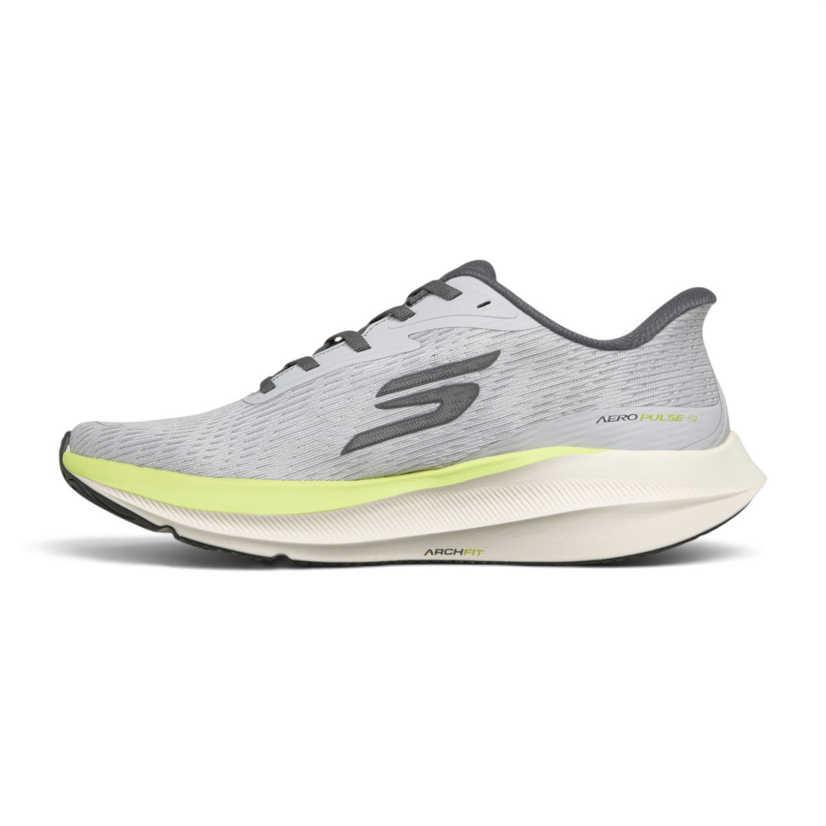FRG Skechers Aero Pulse grey performance running shoe with lime green midsole and breathable mesh upper