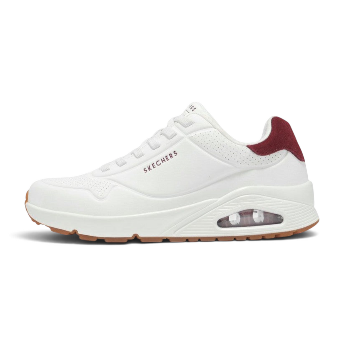 FRG Skechers Uno Retro One sneaker in white durabuck with burgundy accents, gray details, and air-cushioned midsole.