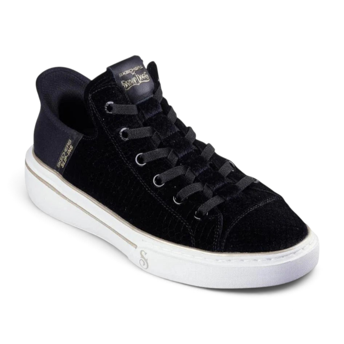 FRG Skechers x Snoop Dogg Slip-ins Boss Life velvet sneakers in black with white platform sole