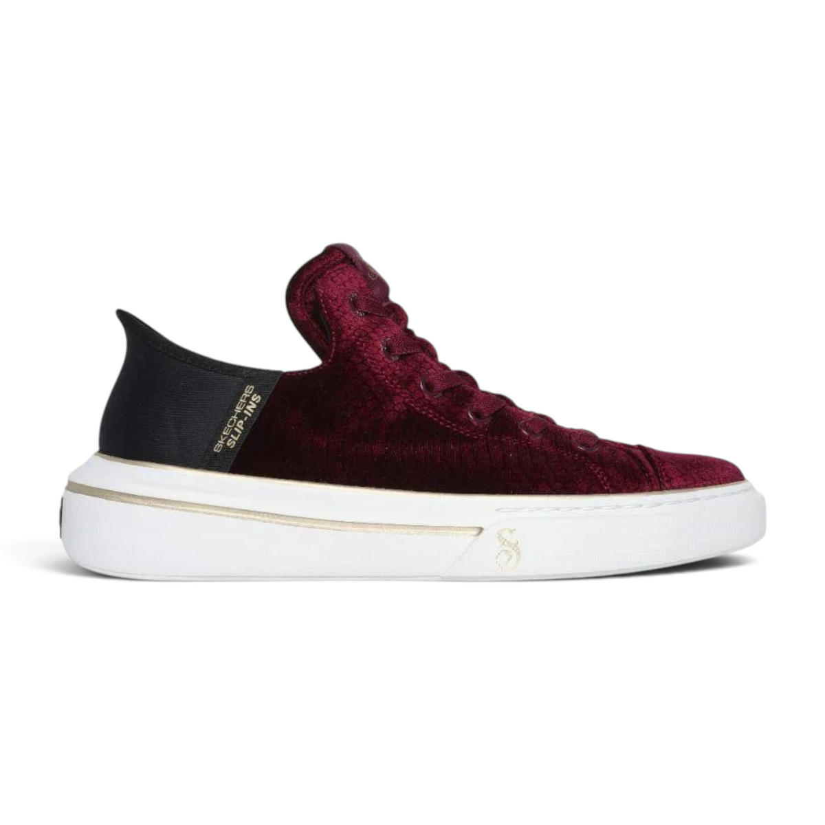 FRG SLIP-INS: SNOOP ONE - BOSS LIFE VELVET sneakers in deep burgundy velvet with a white platform sole and black heel
