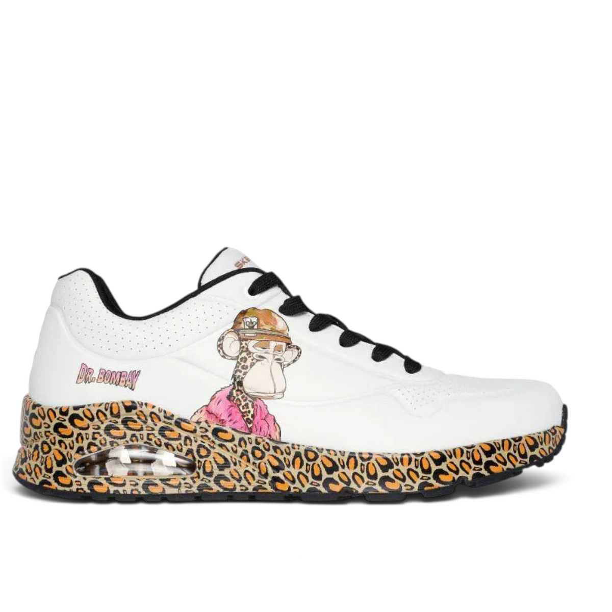 FRG Snoop Dogg Dr. Bombay Uno sneakers in white with leopard print midsole and character graphic on the side