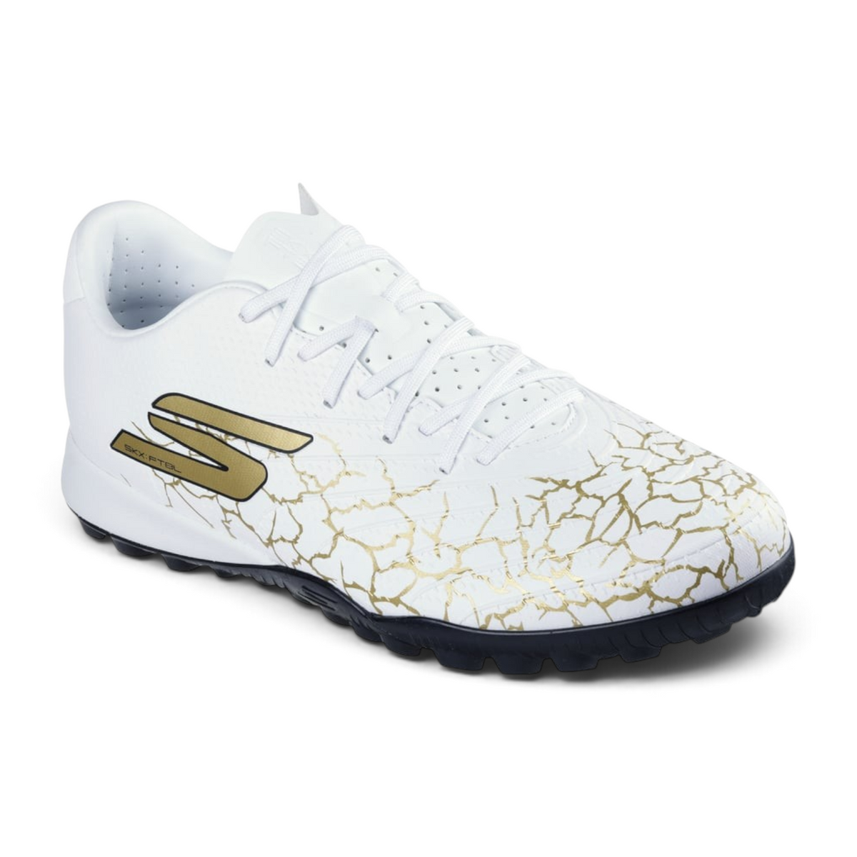 FRG Skechers Gold TF turf soccer boot in white with black outsole and gold cracked pattern detailing
