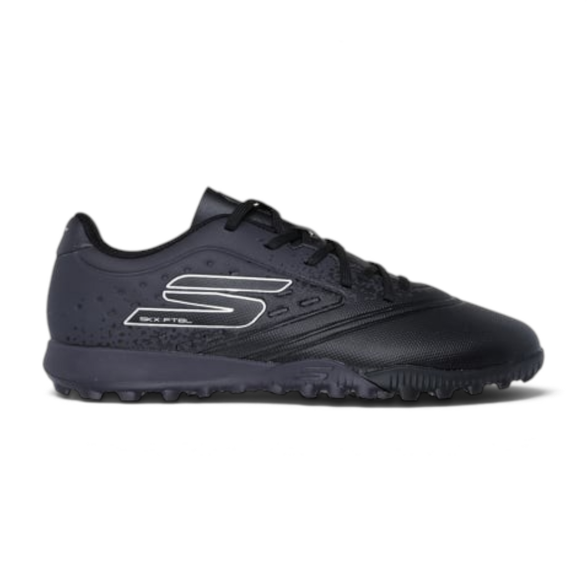 FRG Skechers Razor 1.5 Jr youth turf soccer boot in black with silver logo detailing and multidirectional grip sole