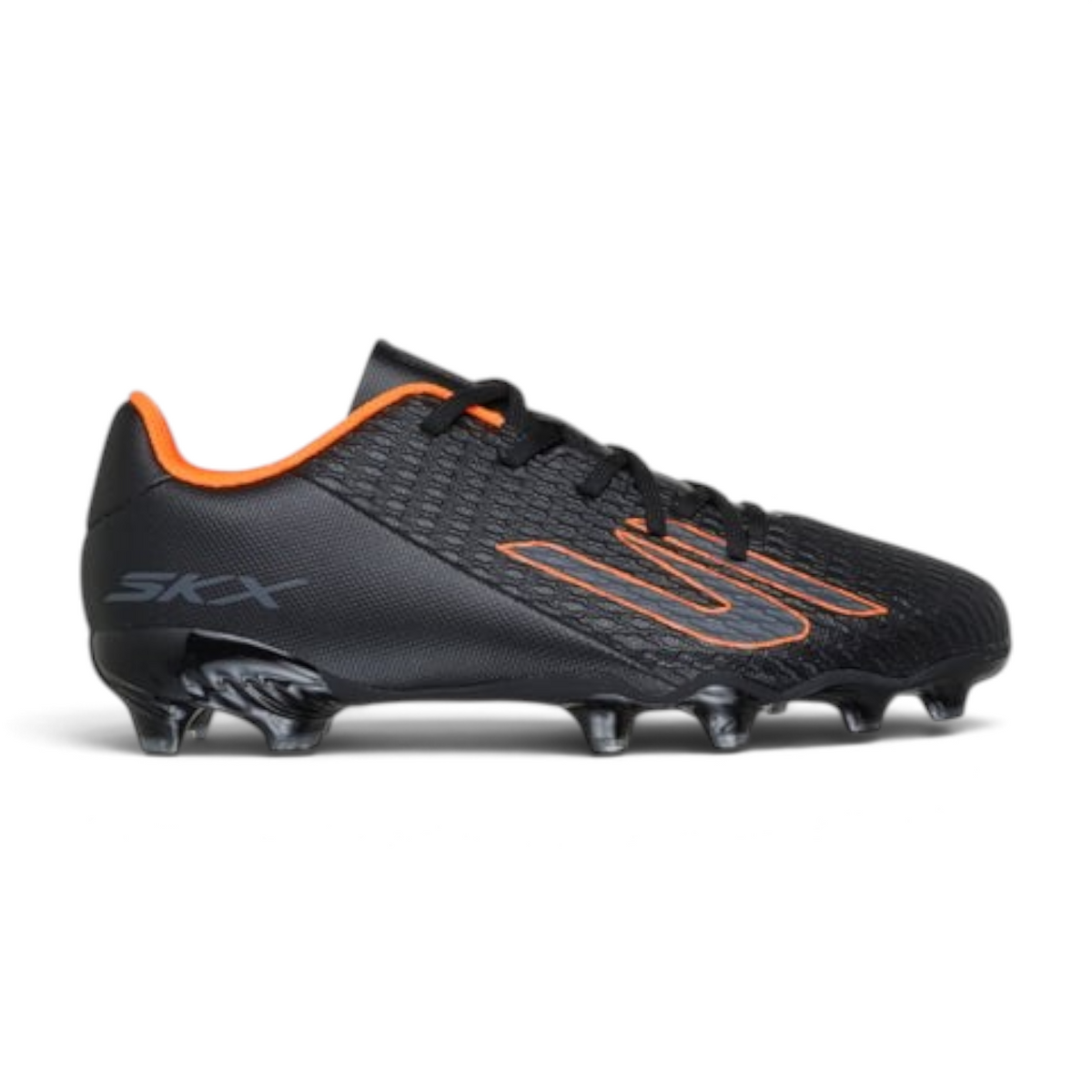 FRG Skechers SKX_2 Jr youth football boots in black with orange accents, designed for multi-ground performance.