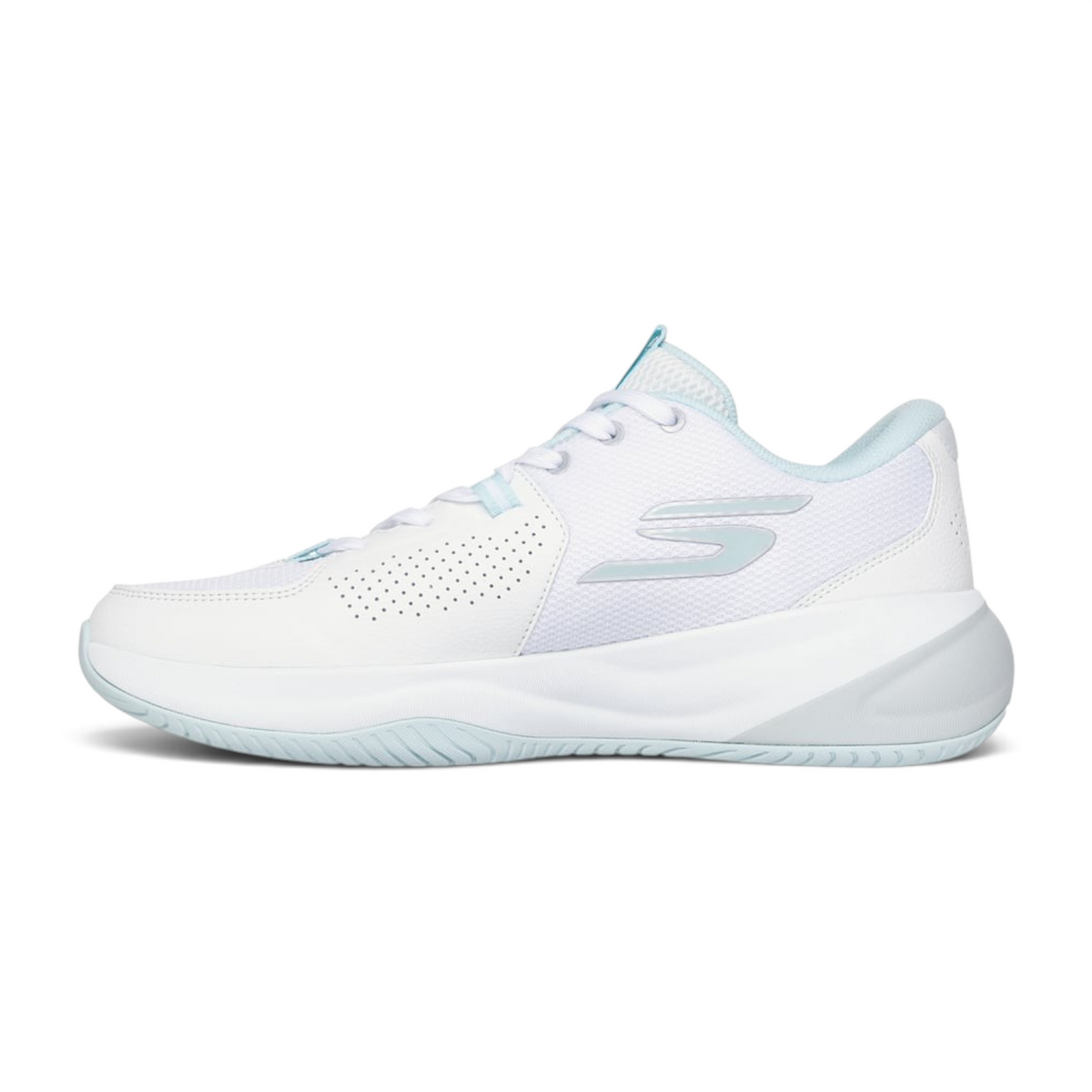 FRG Skechers LEAGUE low-top basketball shoes in white and light blue with a perforated side and cushioned sole