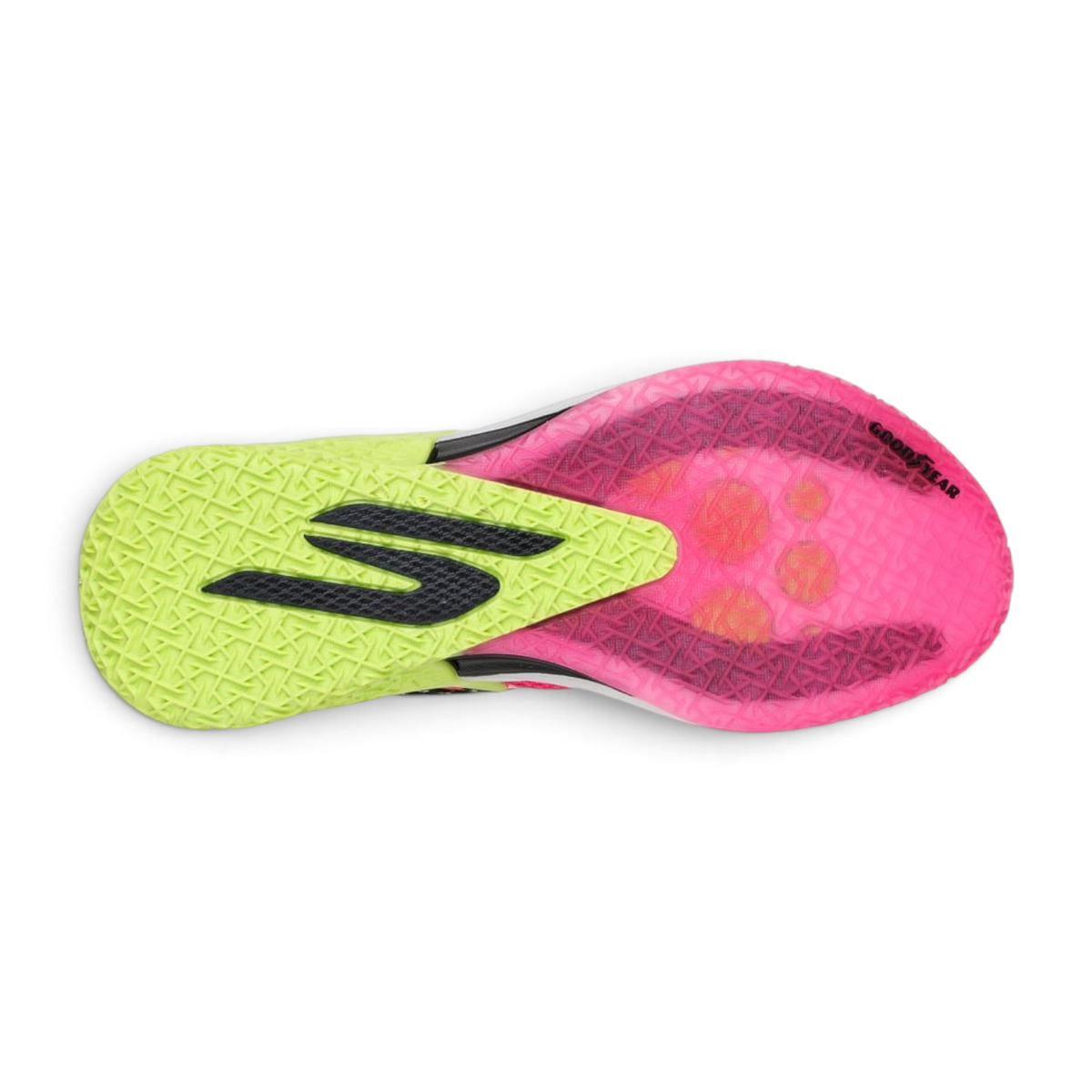 FRG Skechers Basketball REIGN mid-top shoe featuring a pink and lime green Goodyear performance rubber outsole