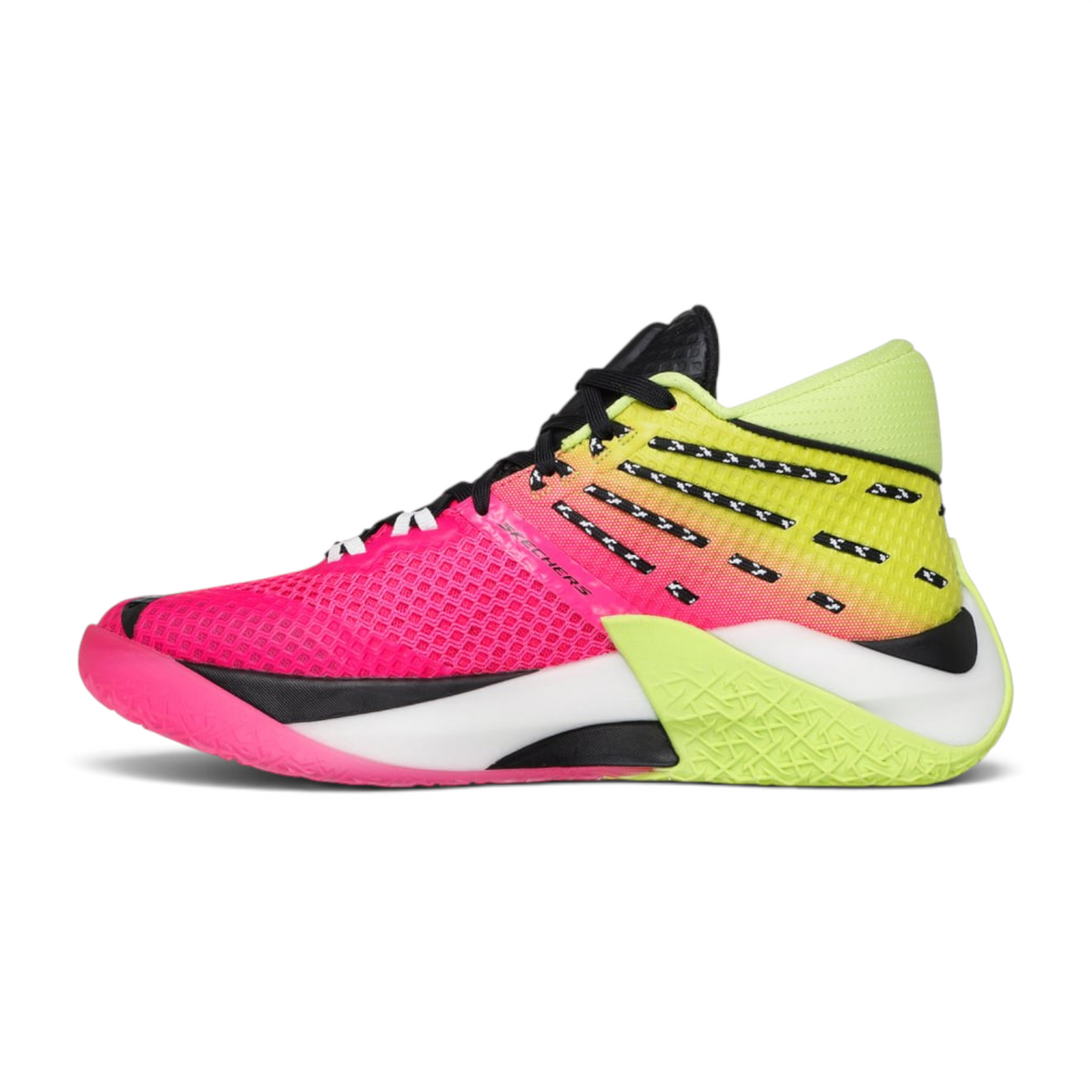 FRG Skechers Basketball REIGN mid-top shoes in vibrant pink and lime green with a mesh upper and patterned laces.