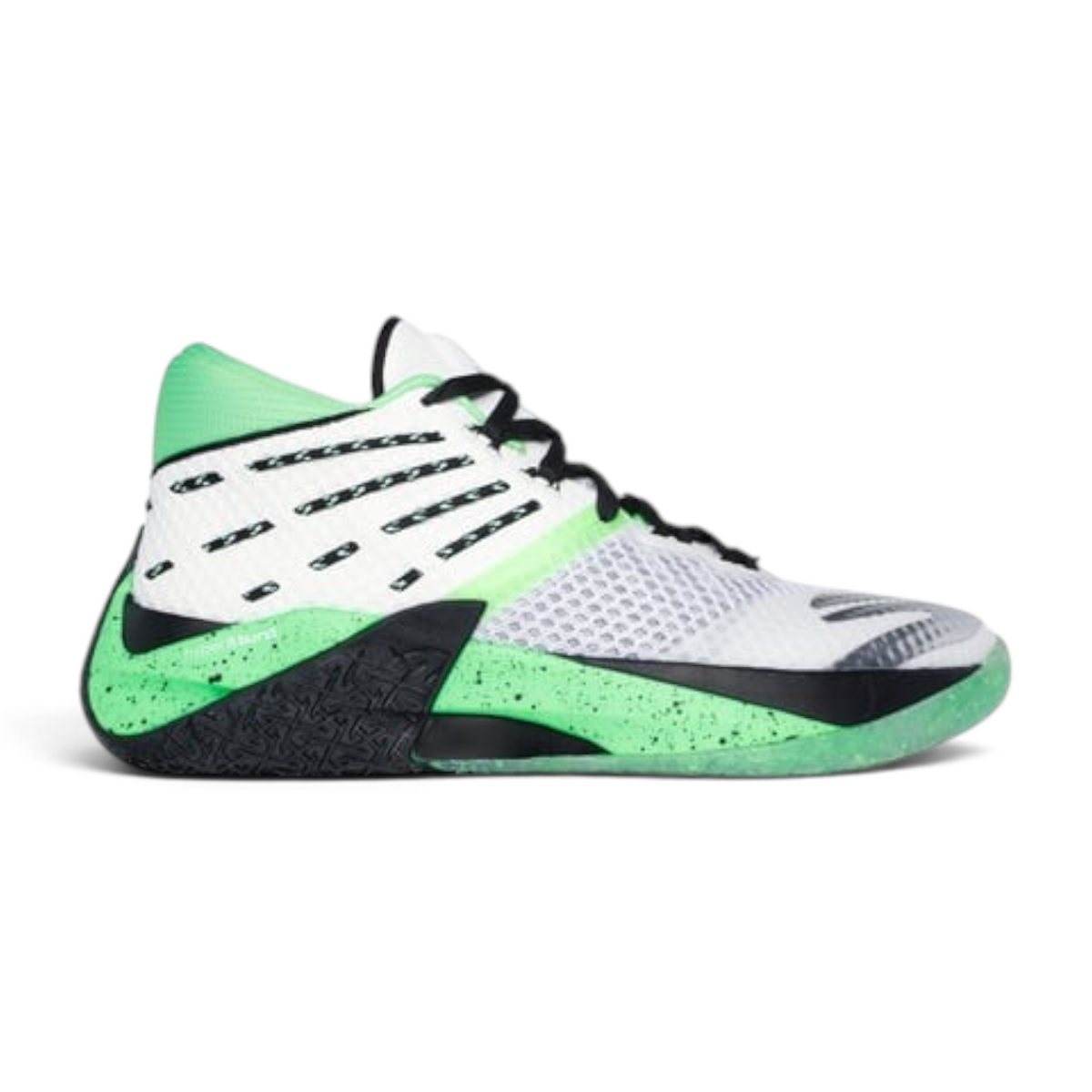 FRG Skechers SKX REIGN mid-top basketball shoes in white, blue, and lime green with a speckled midsole