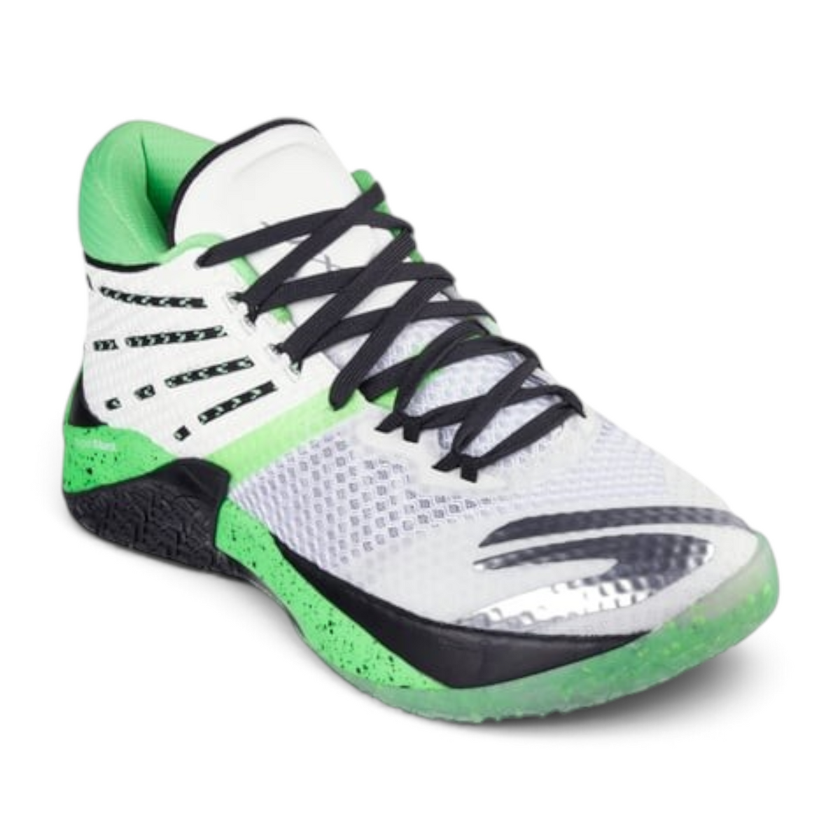 FRG Skechers SKX REIGN mid-top basketball shoes in white, blue, and lime green with a mesh upper and speckled sole.