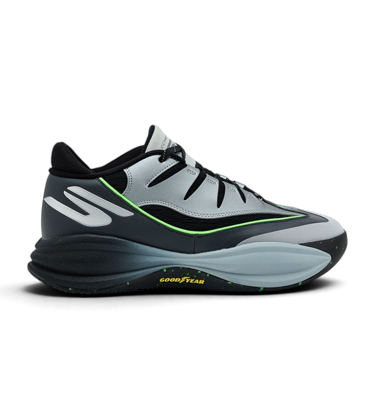 FRG Skechers SKX B-Lite low top basketball shoe in charcoal, black, and lime with a Goodyear rubber outsole