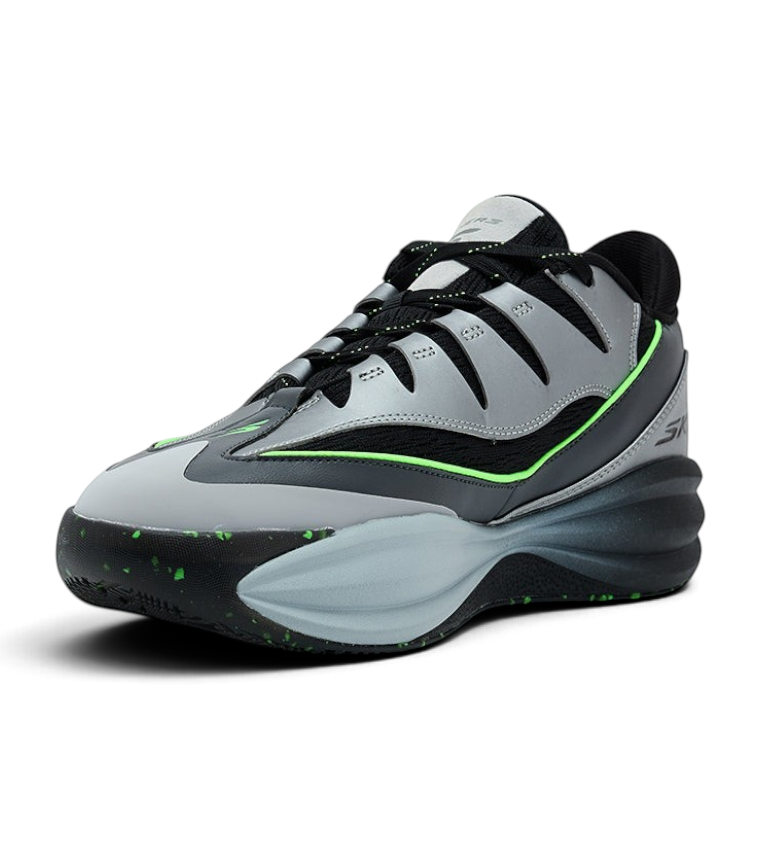 FRG Skechers SKX B-Lite low top basketball shoe in charcoal, black, and lime with a Goodyear rubber outsole