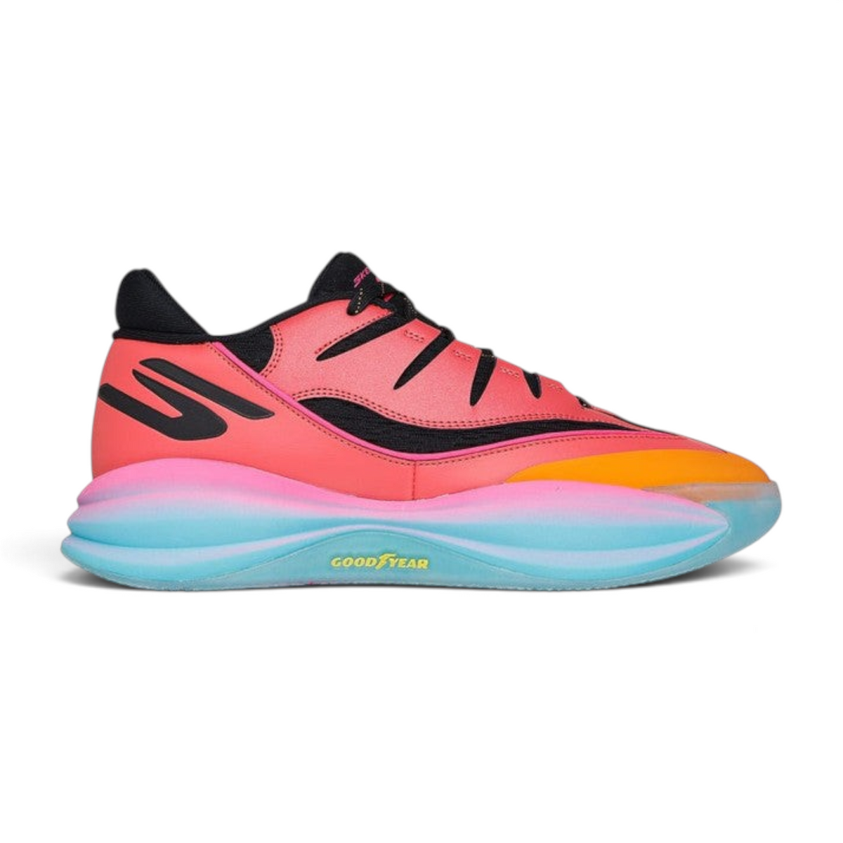 FRG Skechers SKX B-LITE low-top basketball sneakers in black, pink, and orange with a blue gradient Goodyear sole.