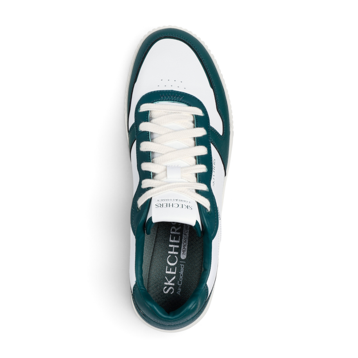 FRG Skechers Jade - Strane white and dark green duraleather court sneaker with lace-up closure and memory foam insole