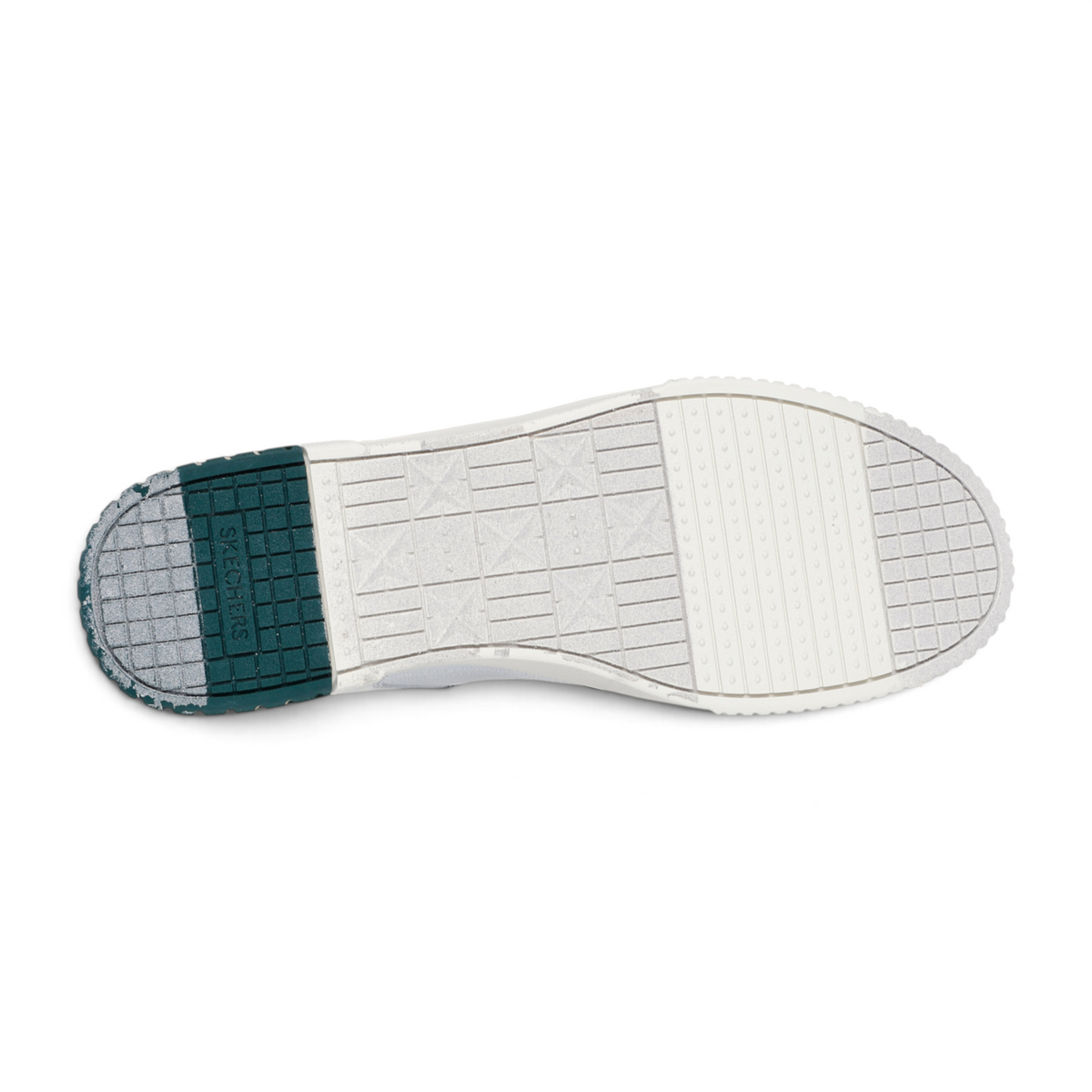 FRG Skechers Jade Strane sneaker outsole with white textured tread and green heel panel featuring Skechers branding