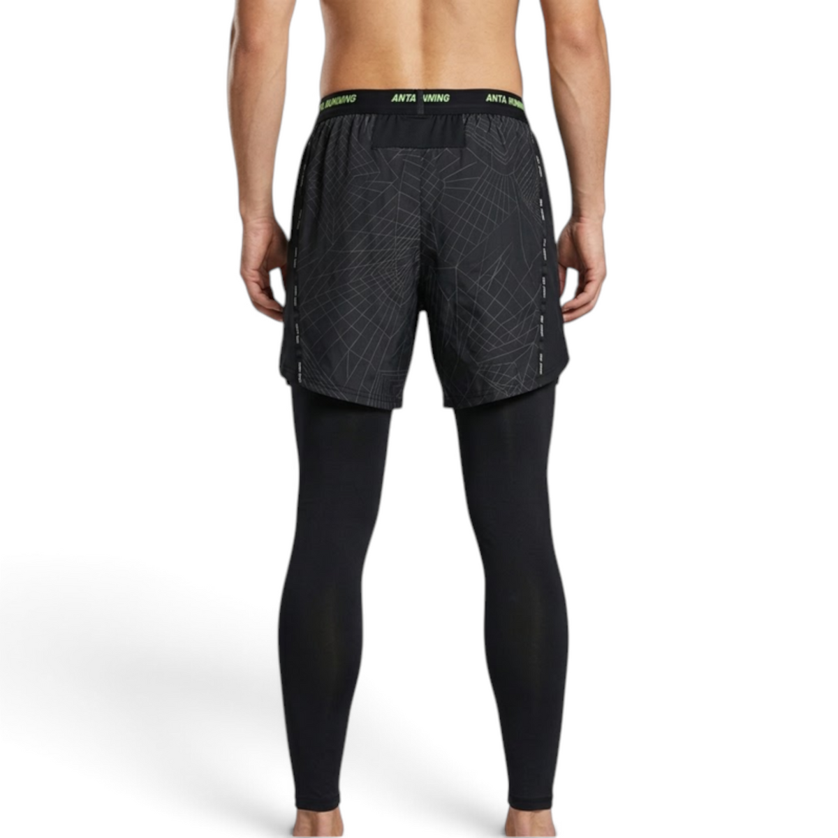 FRG ANTA black running shorts with integrated compression leggings, featuring a geometric pattern and elastic waistband