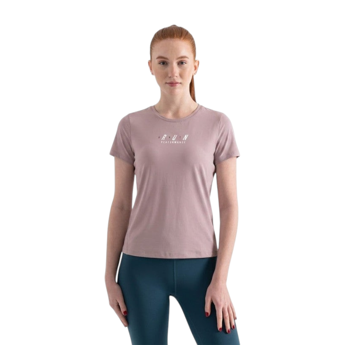 FRG ANTA women's mineral pink performance t-shirt with white RUN graphic worn by a model