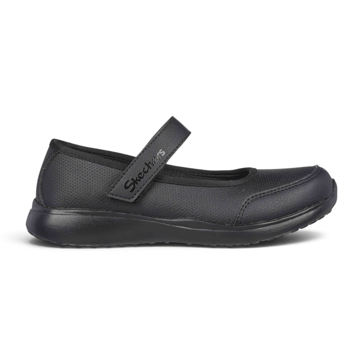 FRG MICROSTRIDES black school shoes with cushioned insole, perforated detail, and a secure hook-and-loop strap
