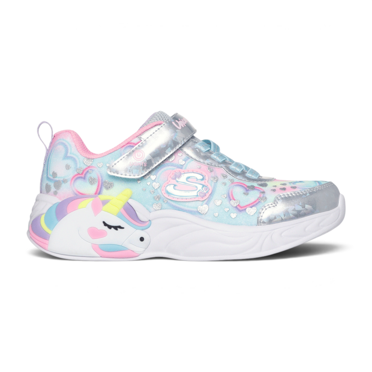 FRG Skechers Unicorn Dreams light-up sneaker in silver multi with heart patterns, hologram accents, and velcro strap.
